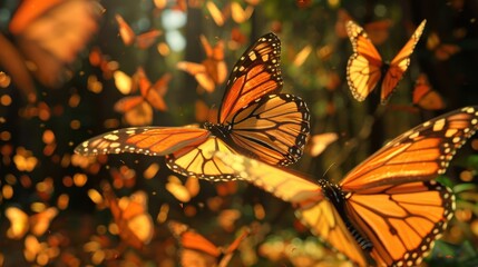 Migrating monarch butterflies blanket a Mexican forest, their orange wings shimmering in the breeze. Slow motion captures their graceful movements for an immersive documentary.