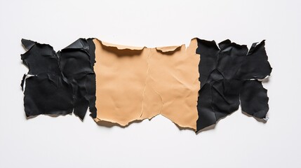 Torn Leather Texture: A minimalist abstract background featuring a strip of torn leather, revealing a contrasting black and tan interior. The rough edges and textured surface create a raw and tactile 