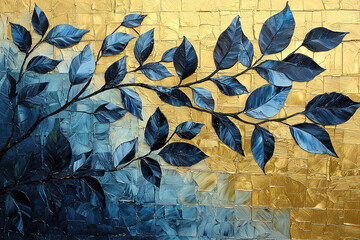 Wall Mural - Landscape painting, abstract leaves, artwork, texture, color blocks. Gold. Gold. , blue. Black.