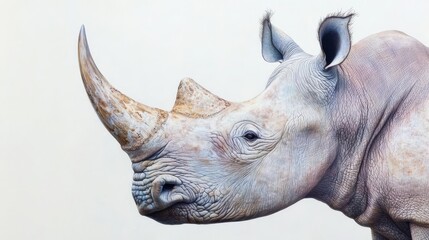 Wall Mural -  A rhino's face in close-up, head turned sideways, against a white backdrop