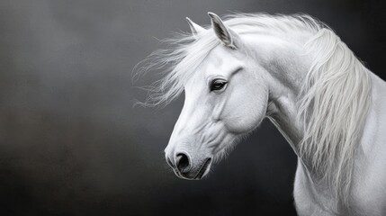 Wall Mural -  White horse facing camera, long mane contrasting black backdrop, serious expression