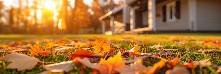 Wall Mural - Fallen autumn leaves on perfect manicured lawn on a backdrop of residential house backyard. Fall season, sunny day outside.