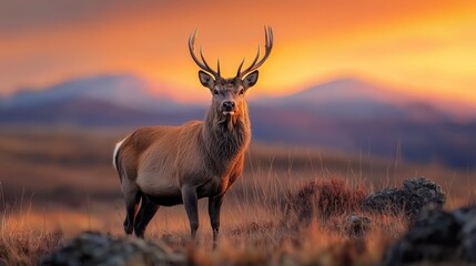 Wall Mural -  A red deer atop a dry grass field, mountains in the backdrop, cloudy sky overhead