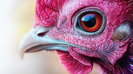 Wall Mural -  A tight shot of a pink bird's face adorned with a red and purple feather in its head