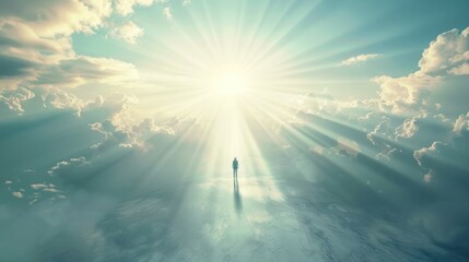 A lone figure stands on a cloud with a bright, heavenly light above.