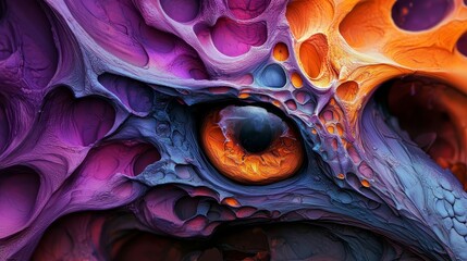 Wall Mural -  A tight shot of apurple and orange object, prominently featuring its large central eye