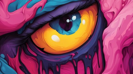 Canvas Print -  A detailed image of an eye painting's iris, composed of blue, yellow, and pink hues