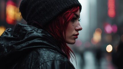 Canvas Print -  Woman in red hair, black jacket, and beanie stands on city street at night