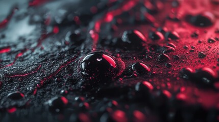 Poster - droplets of water..Or, for a more descriptive version:..Black and red surface design: water droplets on surface.