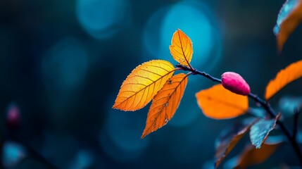 Wall Mural - a single leaf and a blossom centrally situated Background softly out-of-focus