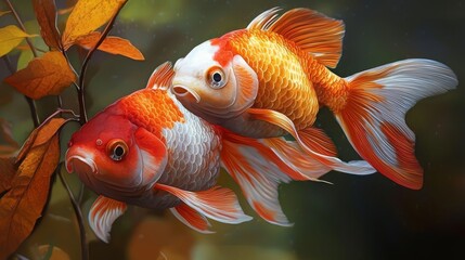 Wall Mural -  A couple of goldfish resting atop a leaf-filled tree next to a lush, green tree