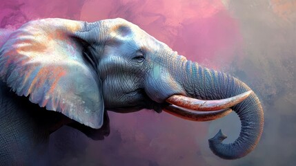 Wall Mural -  A painting of an elephant with tusks on its temples and one long tusk from its trunk