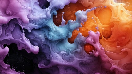 Wall Mural -  A tight shot of a multicolored backdrop featuring intertwined swirls in orange, pink, and blue against a black background