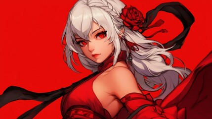 Poster -  A woman with white hair and red eyes wears a red dress In one hand, she holds a single red rose; in the other, she cradles another