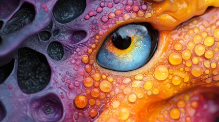  A tight shot of a dragon's teary eye, adorned with water droplets on its exterior