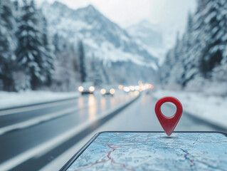 A GPS device marks a location on a snowy road surrounded by towering mountains and trees on a winter day