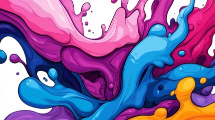 Wall Mural -  A white background features a colorful liquid flow with blue, pink, yellow, and orange splashes