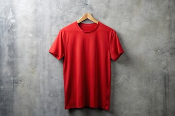 Wall Mural - Red T-Shirt Hanging on a Wooden Hanger Against a Concrete Wall.