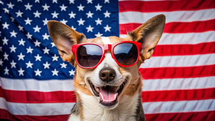 Wall Mural - Patriotic Dog Wearing Sunglasses in Front of American Flag.