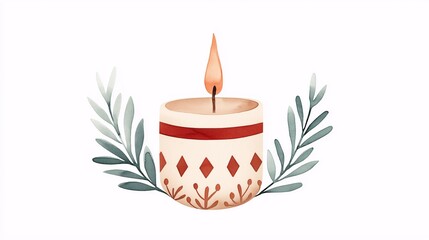 Cozy Candle Glow: Watercolor illustration of a single, lit candle with a red band and a delicate geometric pattern, flanked by stylized green leaves, evoking warmth, peace, and tranquility. 