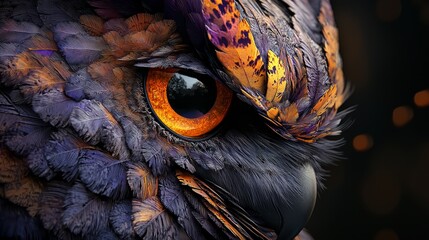 Wall Mural -  A close-up of an owl's eye is surrounded by multicolored feathers, featuring orange and purple hues