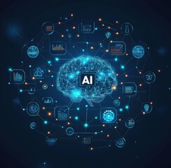 Wall Mural - digital illustration of an ai brain surrounded by technology icons and data graphs depicting artific