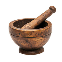 Wall Mural - Vintage wooden mortar and pestle isolated on transparent or white background 