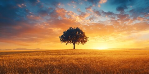 Canvas Print - Solitary Tree in Golden Field at Sunset - Realistic Landscape Illustration