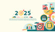 © Deemerwha - 2025 new year goal plan action with target icons, Business plan, financial plan and strategies. Annual plan and development for achieving goal, achievement and success in 2024. Vector illustrator set.