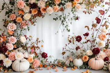 Wall Mural - A white background with a floral arrangement of orange and red flowers