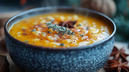 Close up of a steaming bowl of autumn spice soup with herbs and spices on a rustic wooden table