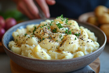 A person savoring a bowl of creamy mashed potatoes, with a satisfied smile as they take in the comforting flavor,