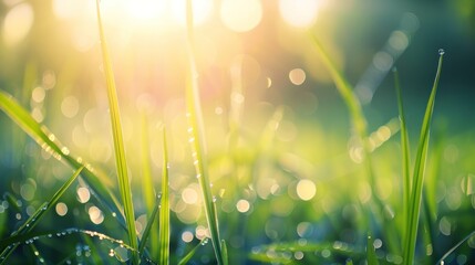 Poster - Dewdrops on Grass Blades in the Morning Sun