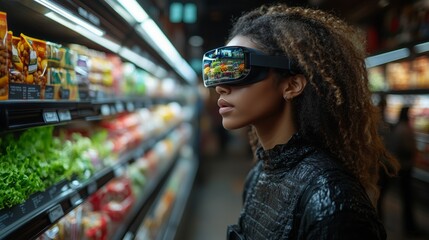 A person uses virtual reality glasses to interact with products in a grocery store filled with colorful food items.