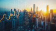 © Teeraphon - Abstract business team stands on the peak of success amid tall, innovative Smart city and graphs with statistics to analyze business potential and predict future developments in company growth.
