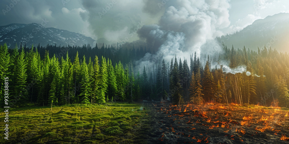 Photo Stock Verdant forest meeting a desolate, fire-ravaged land, thick ...