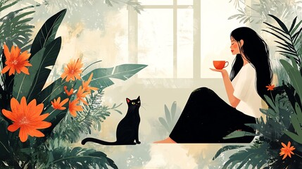 Woman with cat drinking tea by window with flowers