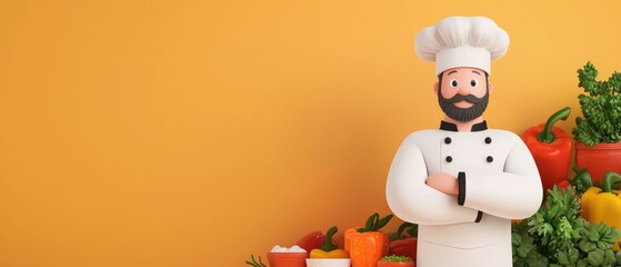 Chef Cooks Up a Vibrant Feast in Animated Kitchen - 3D Illustration with Copy Space for Text