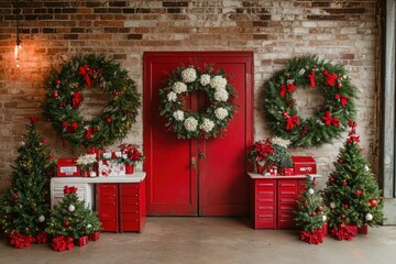 Wall Mural - A red door with three wreaths on it and a Christmas tree in front of it