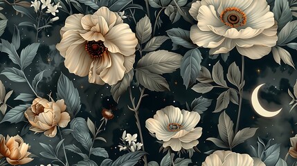 Canvas Print - A continuous pattern of celestial garden elements, including moonflowers, jasmine, stars, and crescent moons, designed for seamless wallpaper with a vintage mystical flair, deep blue and silver tones,