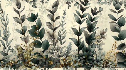 Wall Mural - A continuous pattern of mystical plants, including sage, lavender, and eucalyptus, designed for seamless wallpaper with a vintage flair, soft purple and green tones, intricate details,