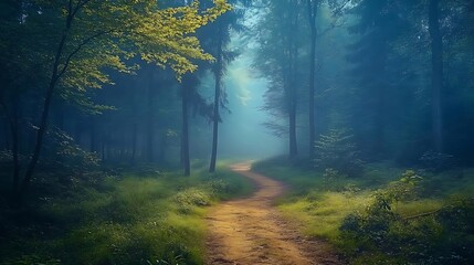 Wall Mural - Mysterious Forest Path in Misty Morning - Digital Illustration