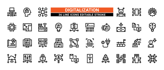 36 Digitalization Line Icons Set Pack Editable Stroke Vector Illustration.