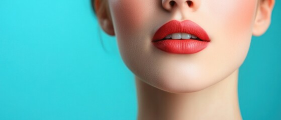 Wall Mural - Close-up of Woman's Lips with Red Lipstick Against Turquoise Background