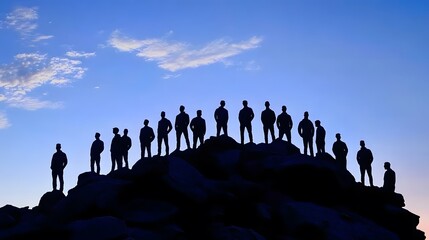 Wall Mural - Labor Day Team Solidarity, Silhouetted Men on Rocks, Dusk Sky Harmony, Corporate Culture Conceptual Art