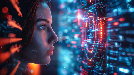 Wall Mural - A woman looks at a computer screen with a face on it. The face is made up of many small dots, giving it a pixelated appearance. Abstract technology background.