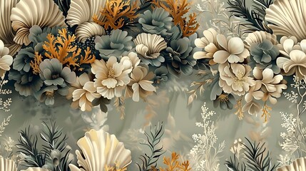 Wall Mural - Bohemian seamless wallpaper featuring ocean elements like seaweed, coral, and shells, hand-drawn in vintage style, soft, muted colors, intricate details, natural light effect, underwater and serene,