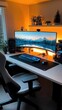 © pvl0707 - A cozy gaming setup featuring a large curved monitor and warm yellow lighting on a white desk surrounded by greenery