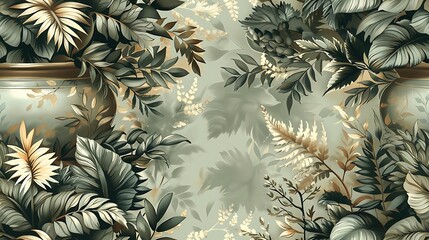 Bohemian seamless wallpaper showcasing vintage botanical illustrations of ferns and delicate leaves, set against a muted green background, intricate hand-drawn details, lush greenery, natural light,