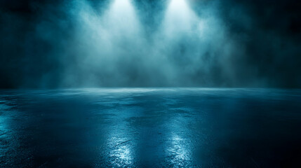 Wall Mural - Dark street, wet asphalt, reflections of rays in the water. Abstract dark blue background, smoke, smog. Empty dark scene, neon light, spotlights. Concrete floor